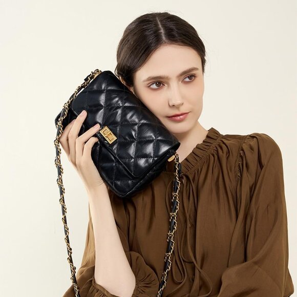 Black Quilted Crossbody Bag with Chain Strap and Buckle Closure - Women's Fashio - Picture 5 of 6